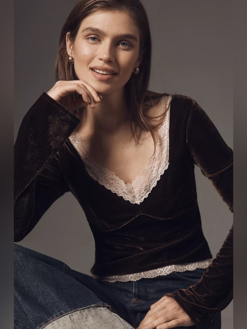 By Anthropologie Velvet Lace V-Neck Top